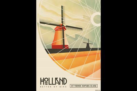 An inspired, graphic poster encouraging those visiting Holland to explore it on two wheels (DFDS)